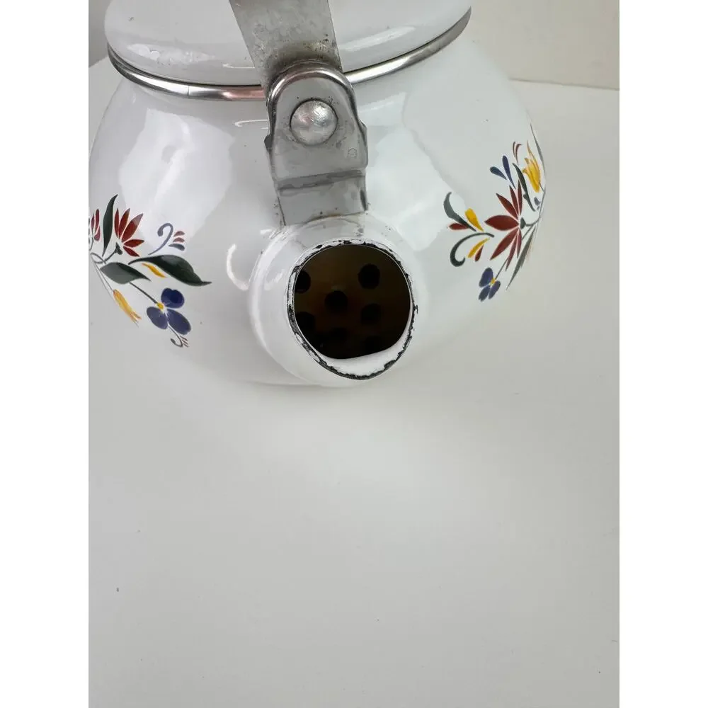 Vintage Master Cuisine Kettle White Tea Pot Floral Stainless Steel Wooden Handle